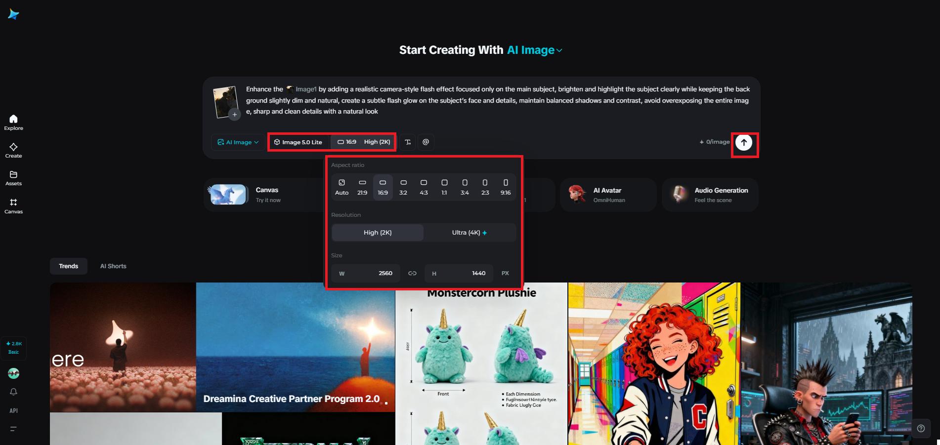Select Seedream 5.0 and adjust settings