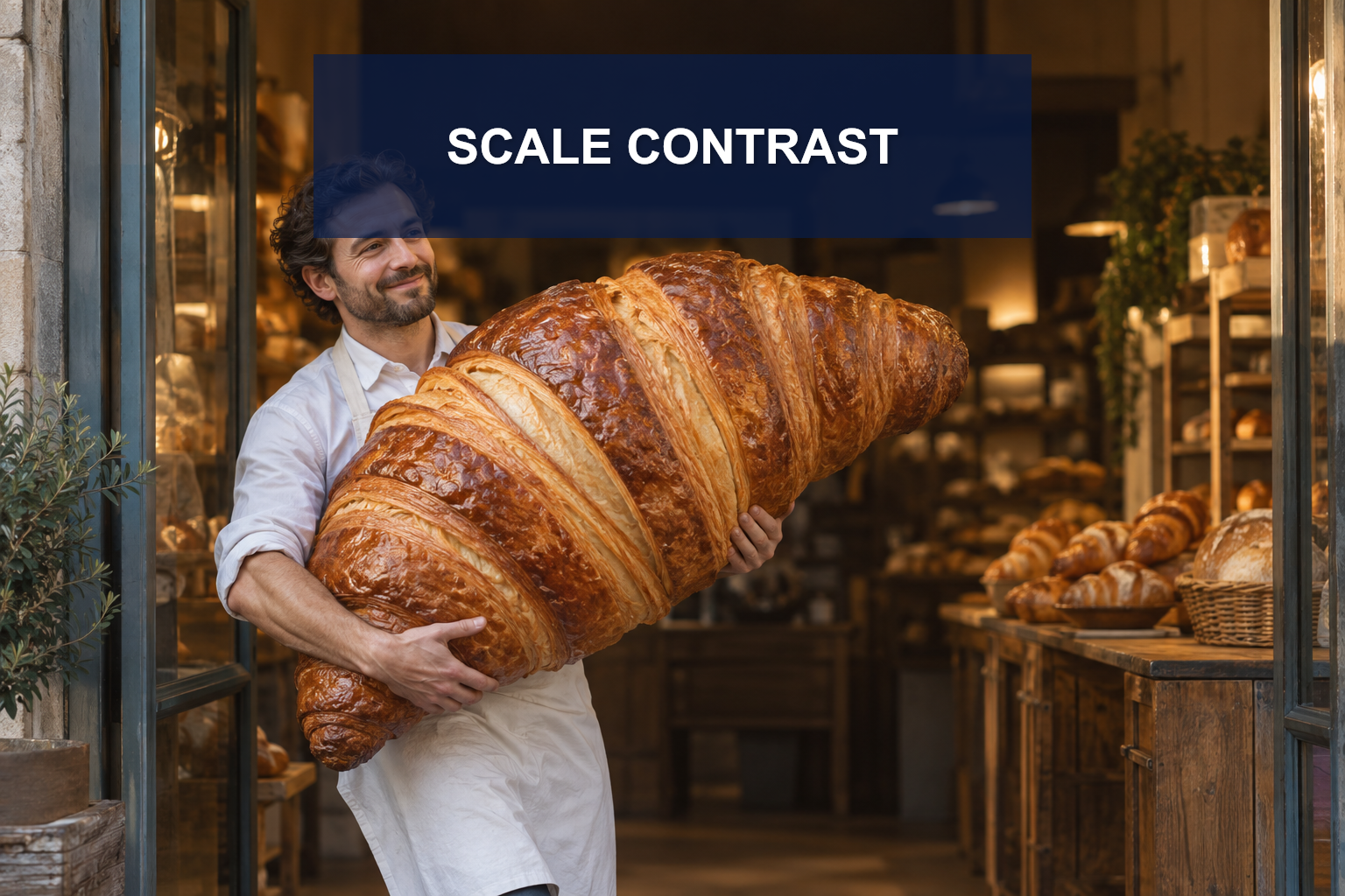 Original scale contrast scene with a tiny bakery worker beside a giant pastry