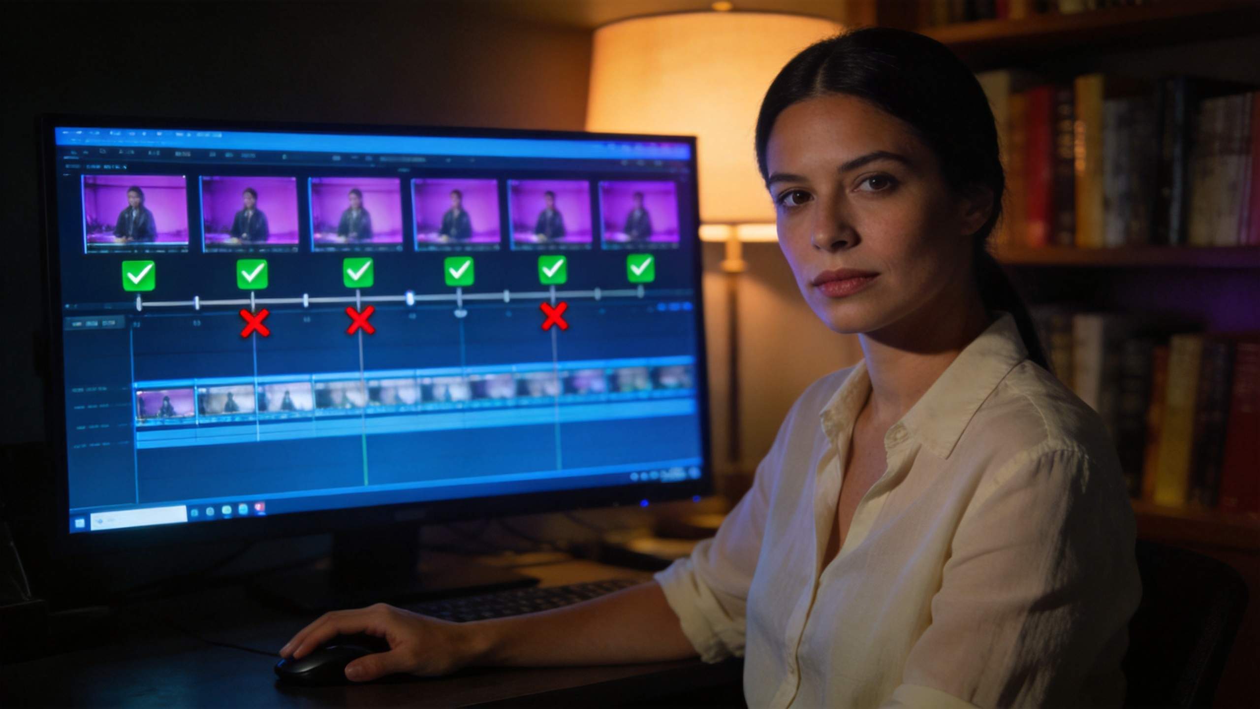 Woman editing a video timeline on a monitor, with green checkmarks and red X marks above clips
