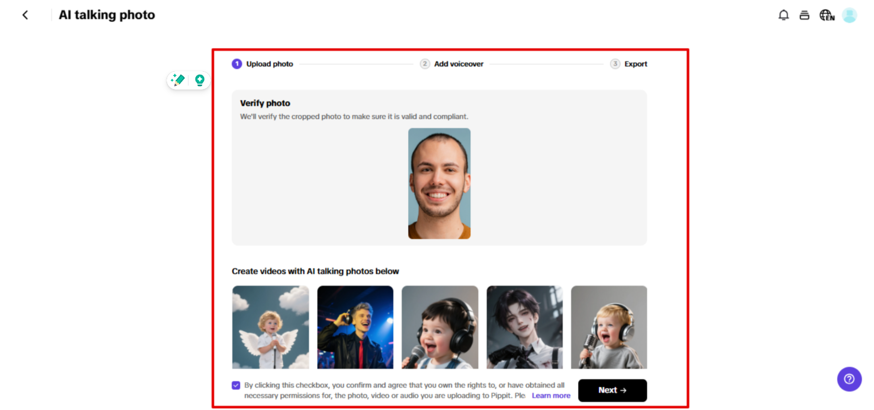 Uploading photo to Pippit