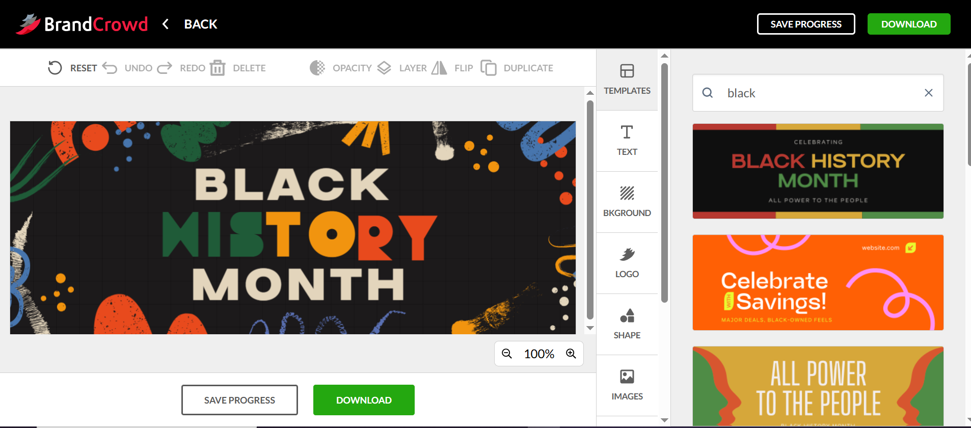 BrandCrowd - website to modify solid black Facebook cover photo template
