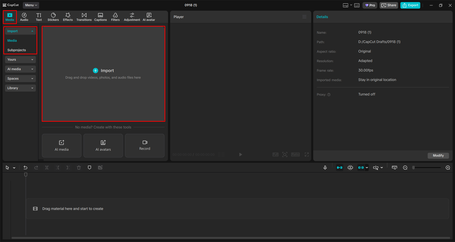 Importing a video into the CapCut desktop video editor