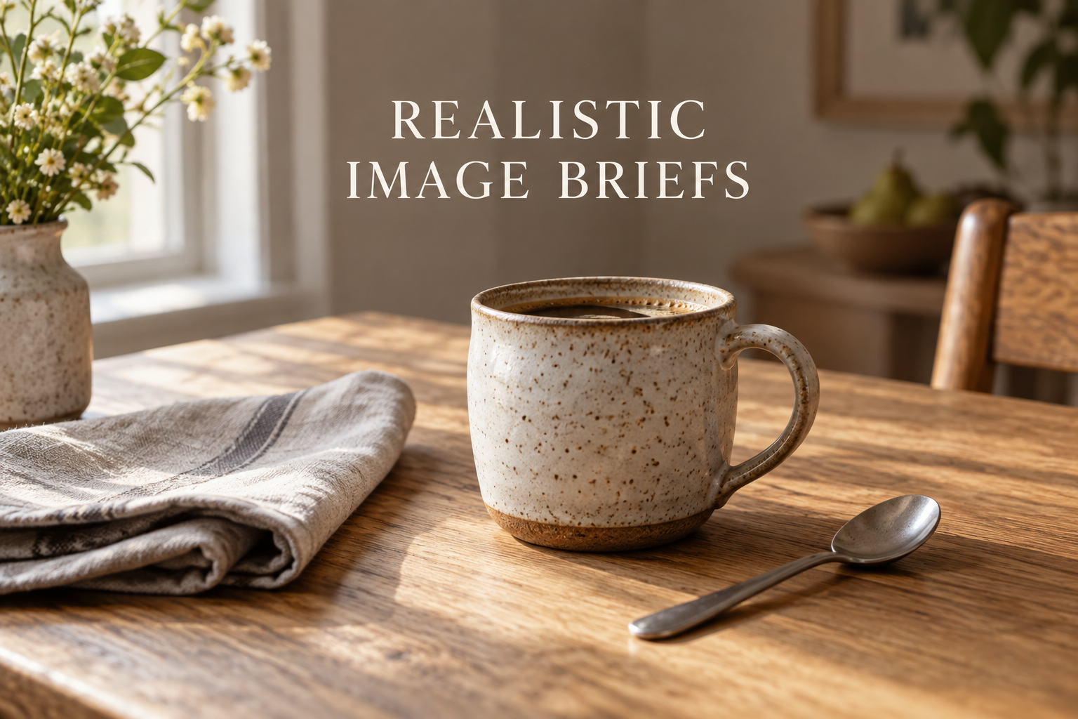 A ceramic cup and linen napkin arranged in soft window light