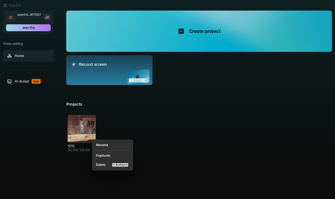 「プロジェクト」のドロップダウン機能バー