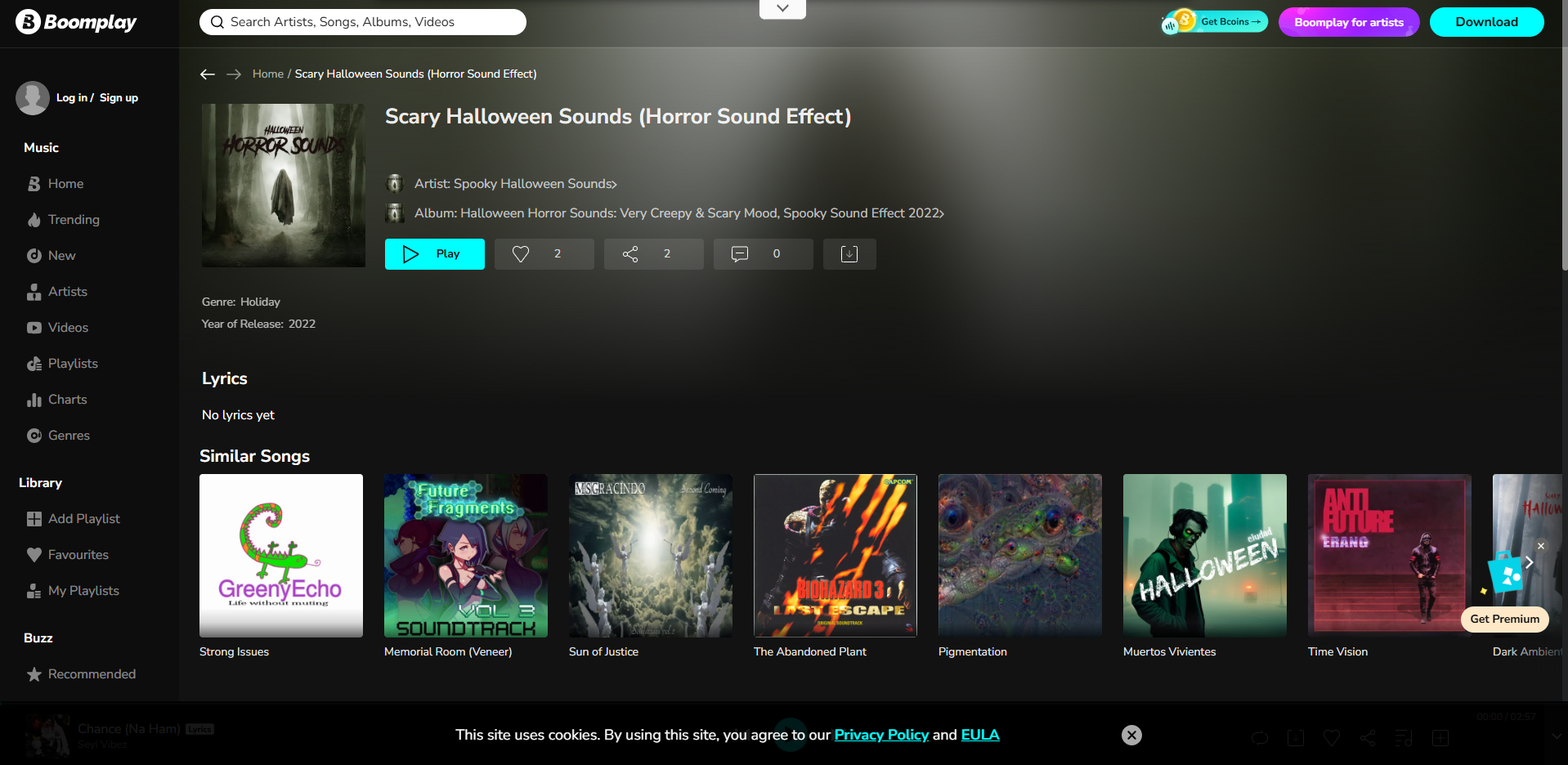 Interface of Boomplay Music - an online site for Halloween sound effects