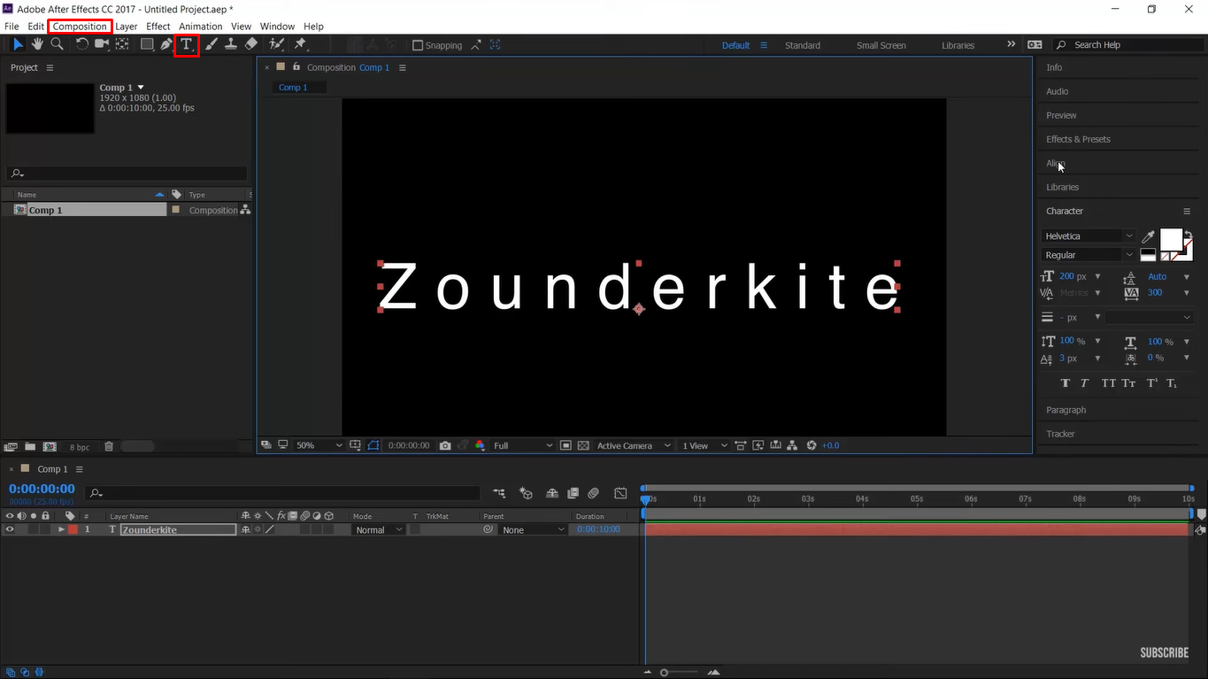 Creating new composition for writing text effects in After Effects