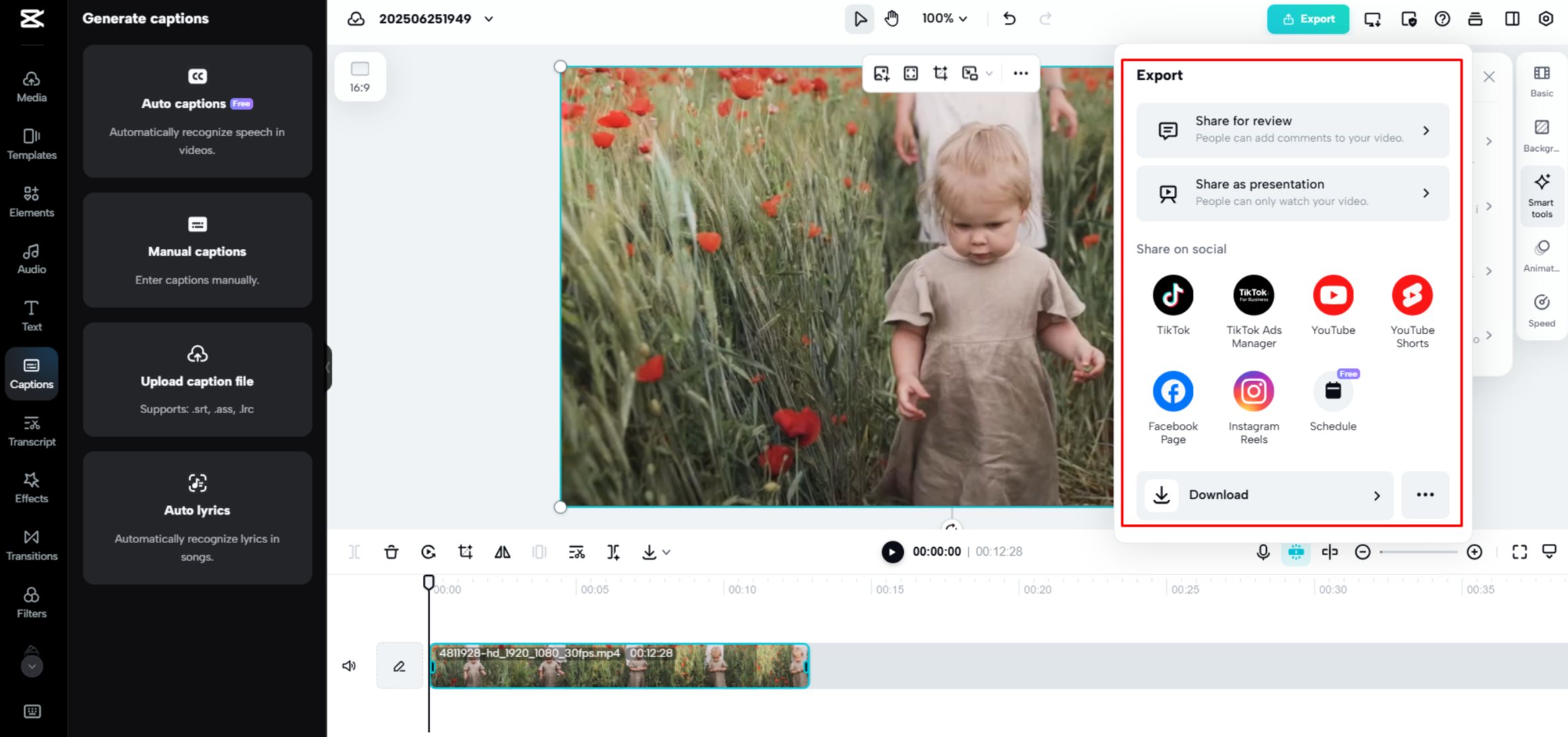 Exporting a video from CapCut Web