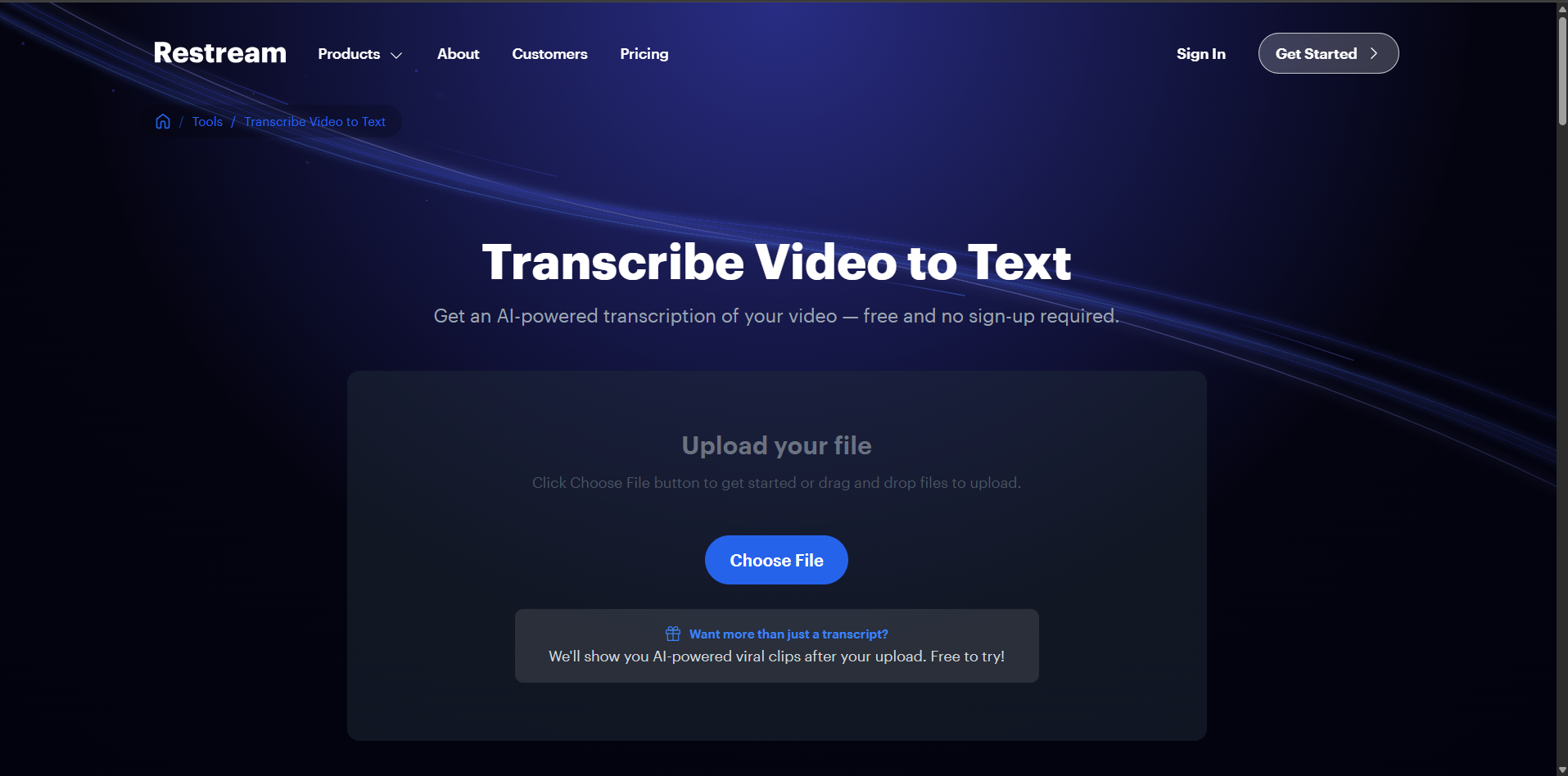 Schnittstelle von Restream - ein weiterer kostenloser KI-Videotranskriptionsgenerator