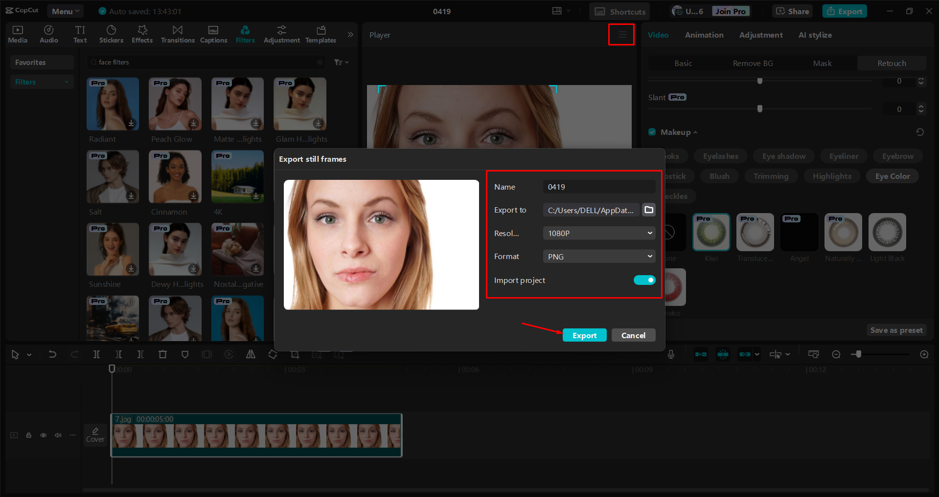 Exporting an image from the CapCut desktop video editor
