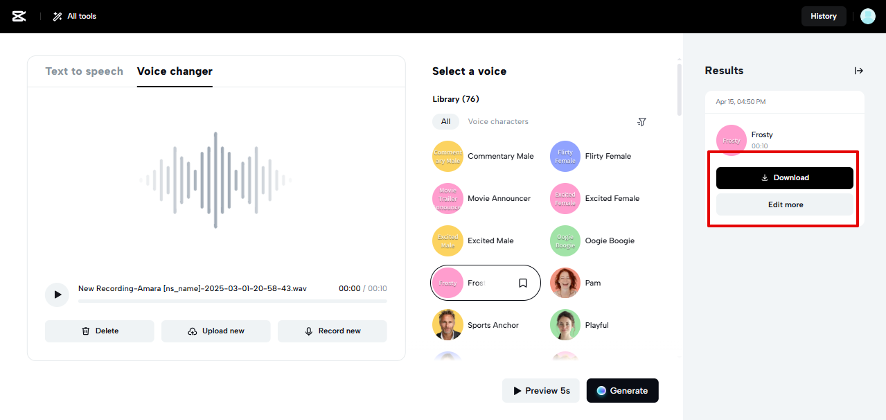 Downloading voice from CapCut Web