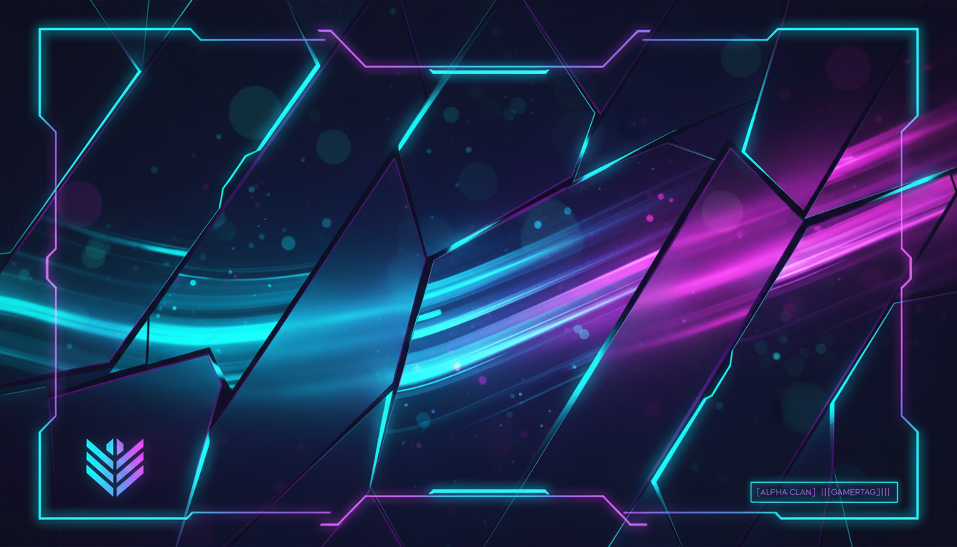 Gaming Twitter header with dark glass panes and neon cyan‑magenta gradient strokes, subtle bokeh, 3:1 layout.