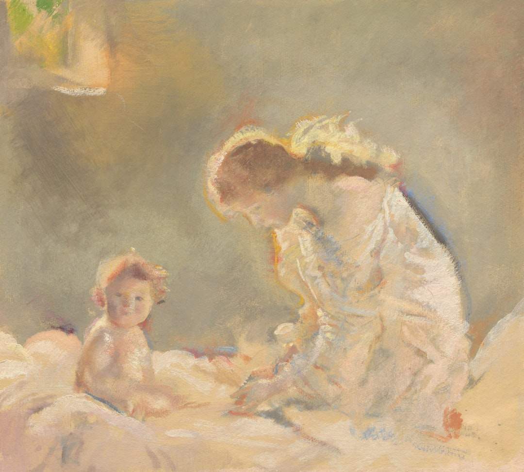 a mother looking lovingly at her daughter, perhaps helping her with something or sharing a quiet moment