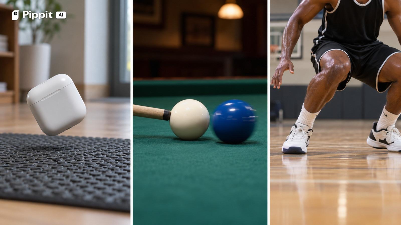 Three panels show an earbud case drop, billiard ball collision, and basketball landing.