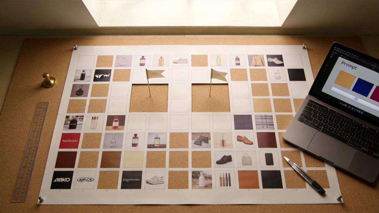 Mood board with color swatches, product thumbnails, and a laptop showing a prompt and color blocks