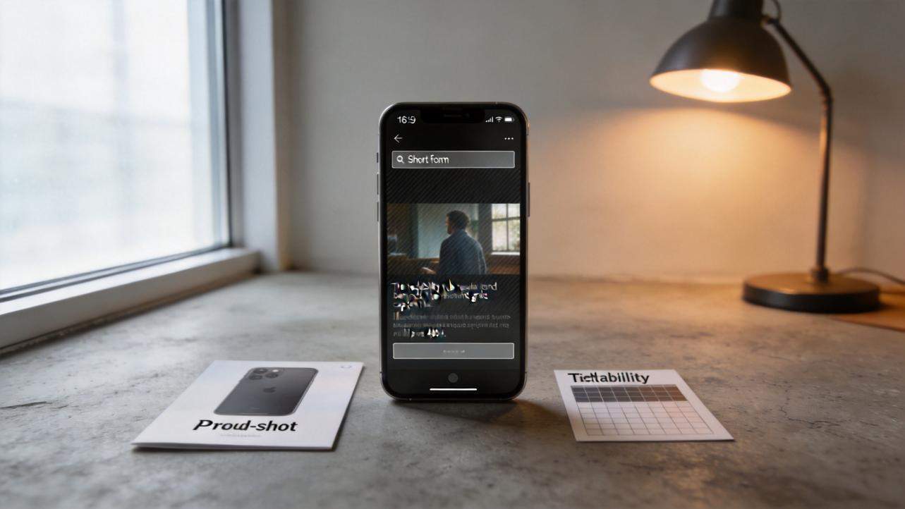 Smartphone on a desk showing a short-form video editing screen beside printed cards and a desk lamp