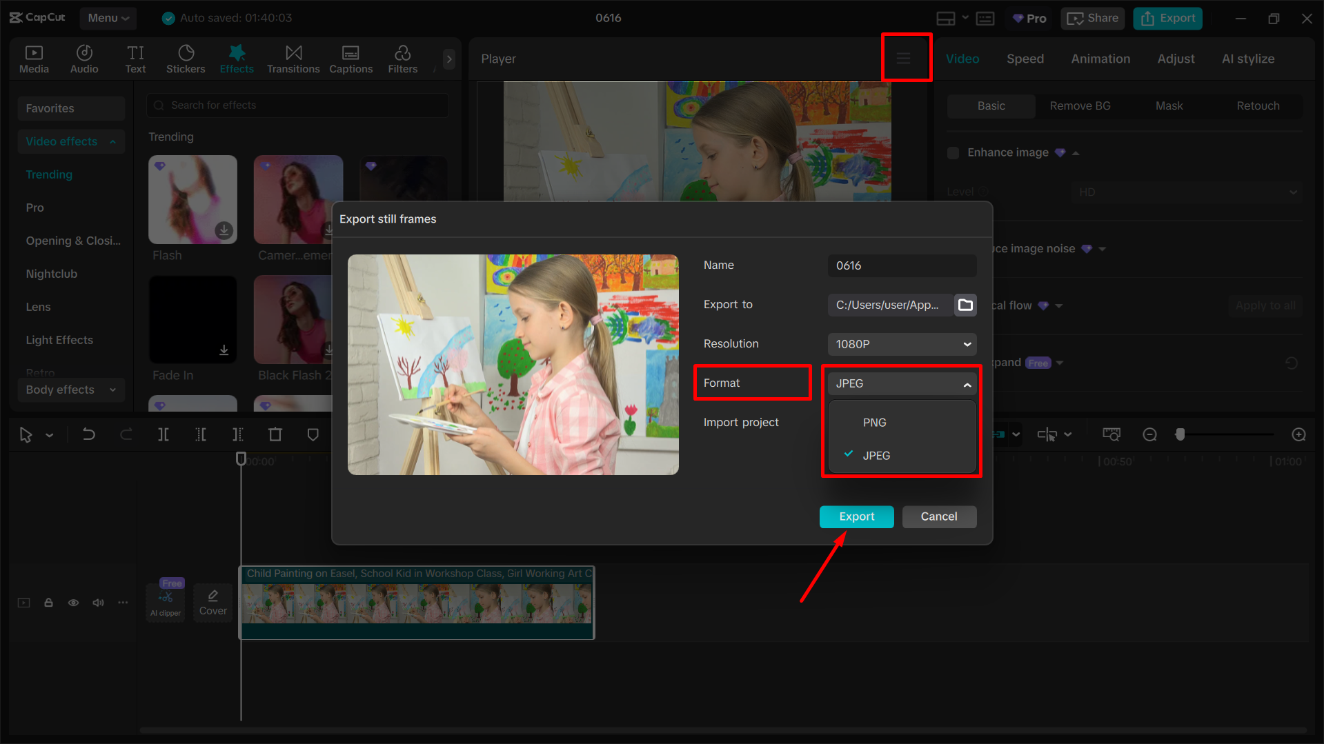 Exportieren des endgültigen Bildes aus dem CapCut Desktop-Video-Editor