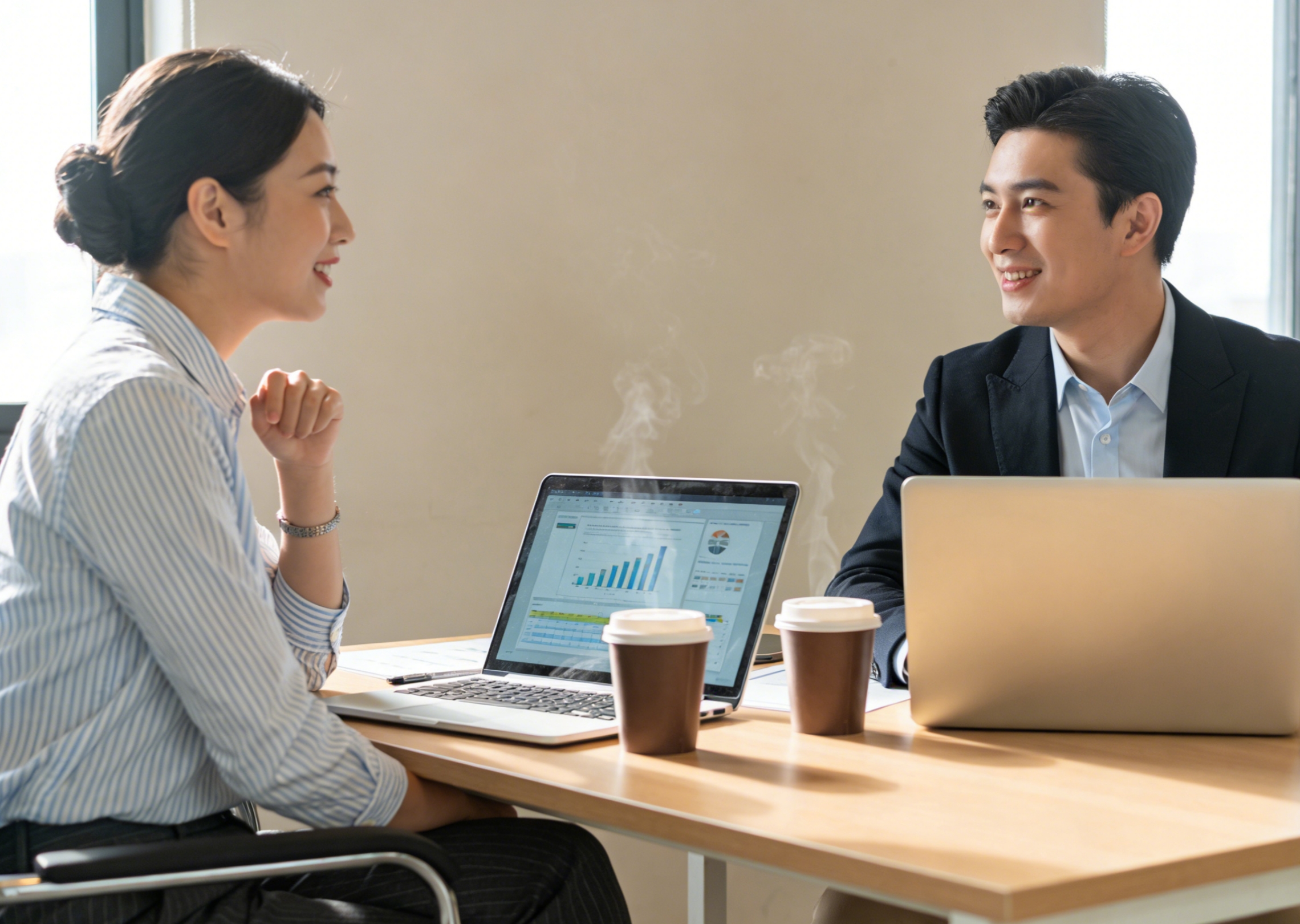 Generate a dialogue video of two colleagues discussing a project in a professional office setting