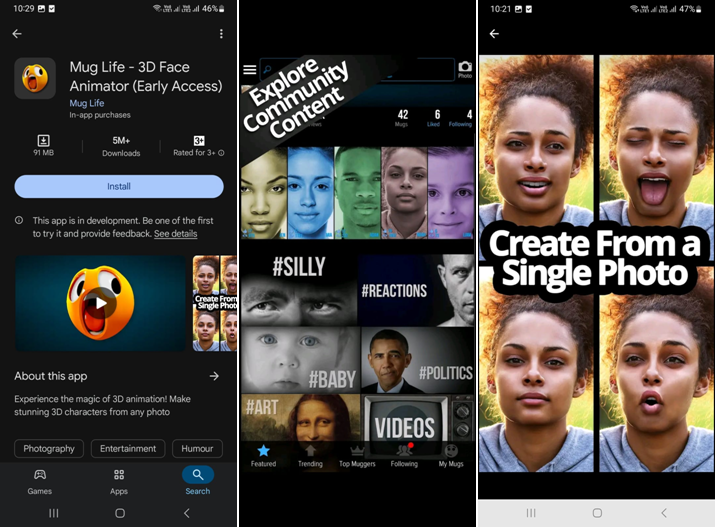 Interface of Mug Life - the funny photo maker app for mobile