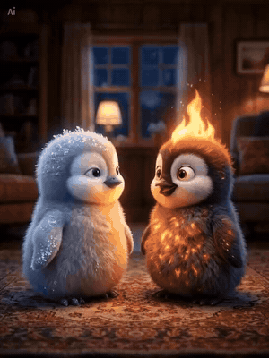 Two penguin chicks face each other, one frosty blue and one glowing with flames in a cozy room.