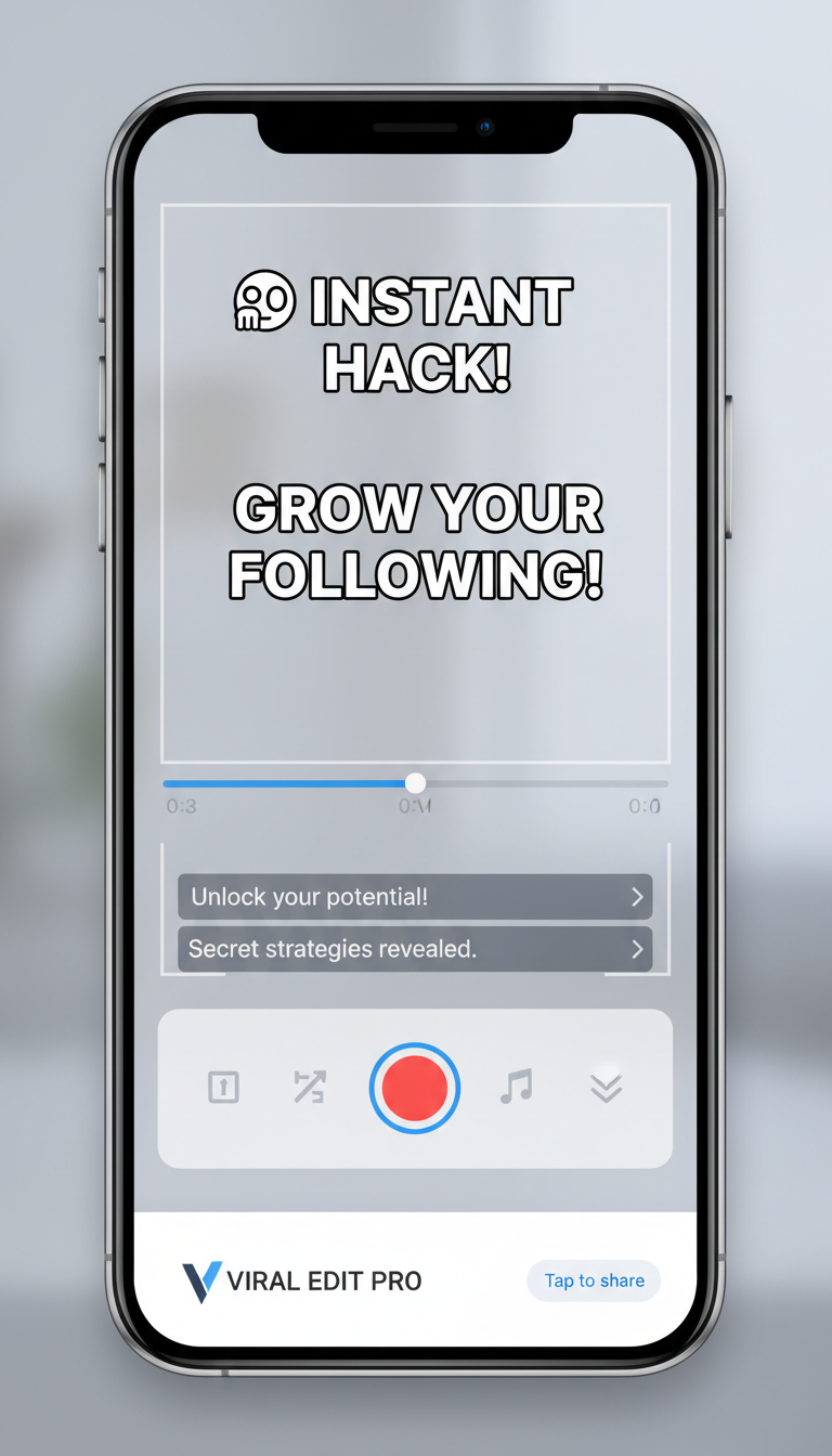 Vertical video editing interface with safe area guides, bold hook opener, auto captions, and branded end card, optimized for TikTok.