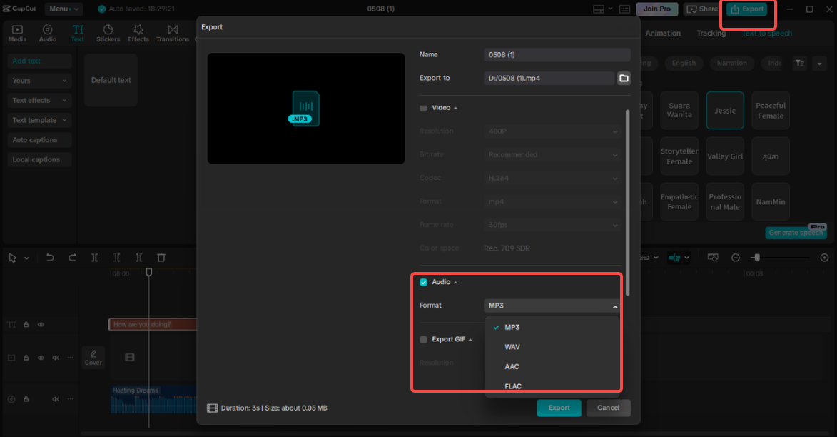 Exporting the AI voice in CapCut