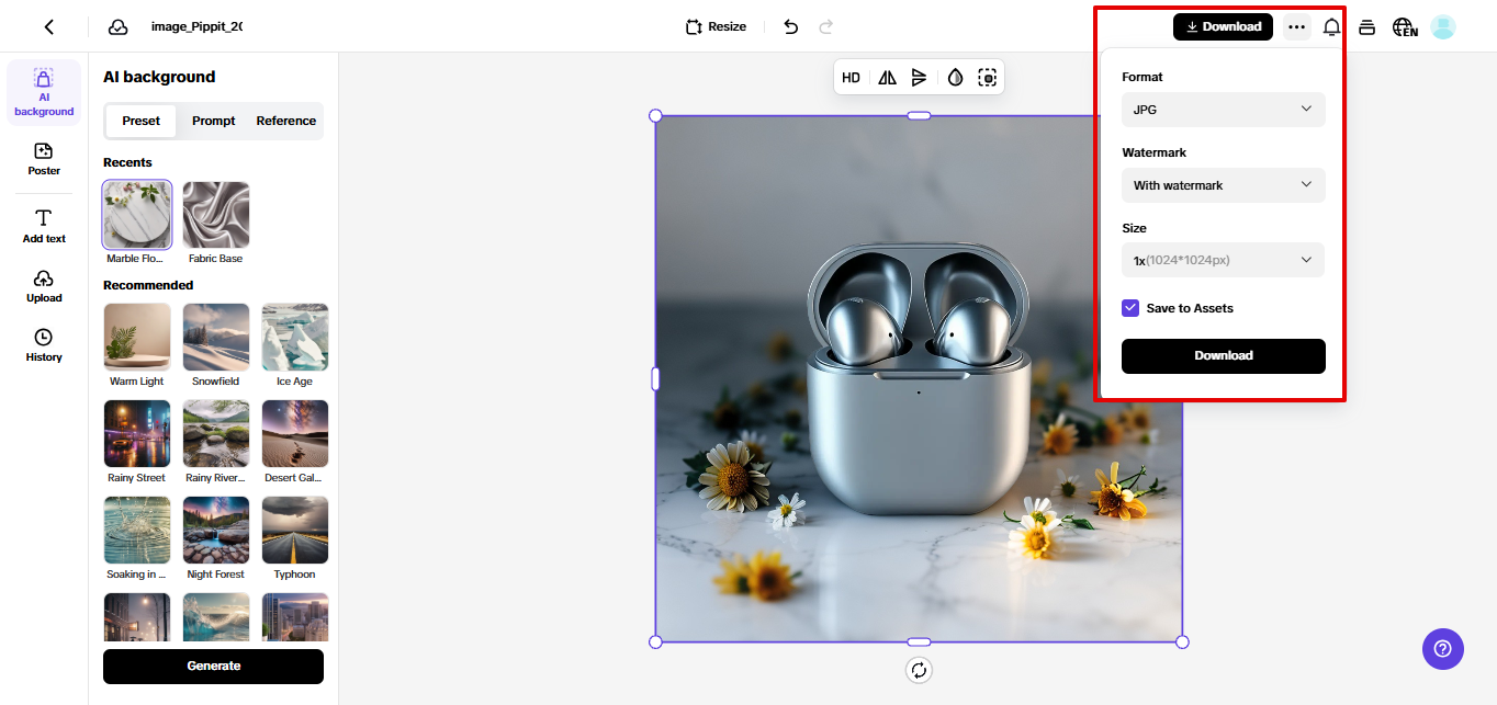 Exporting product photo from Pippit