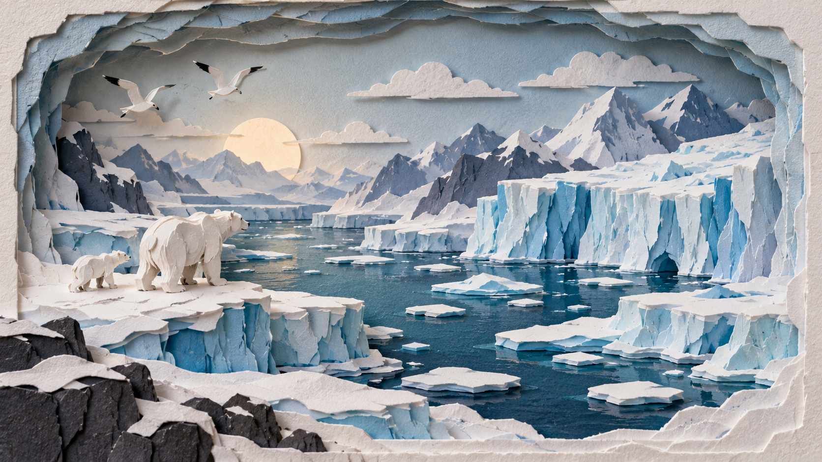 Papercraft diorama of arctic polar bears