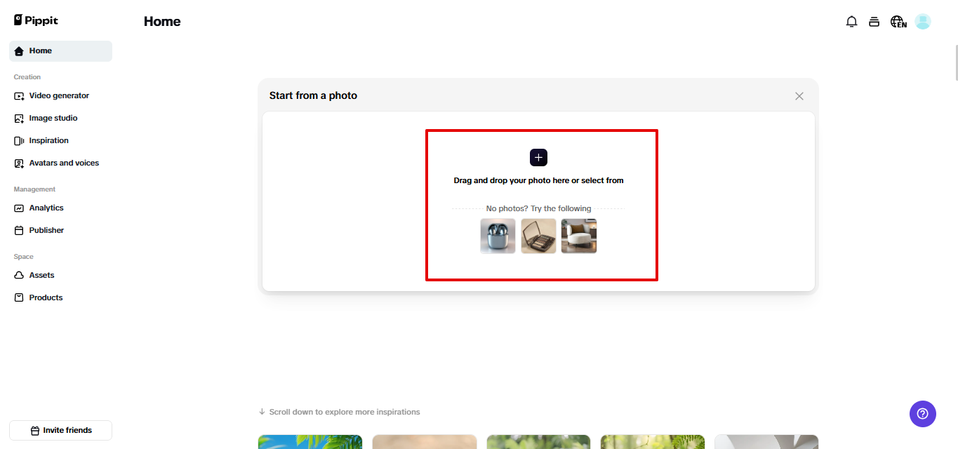 Fazendo upload de imagem no Pippit
