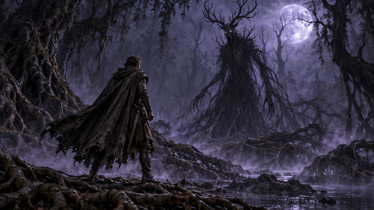 An adult in a weathered cape facing a tall antlered shadow creature above misty roots, moonlit forest, restrained violet glow