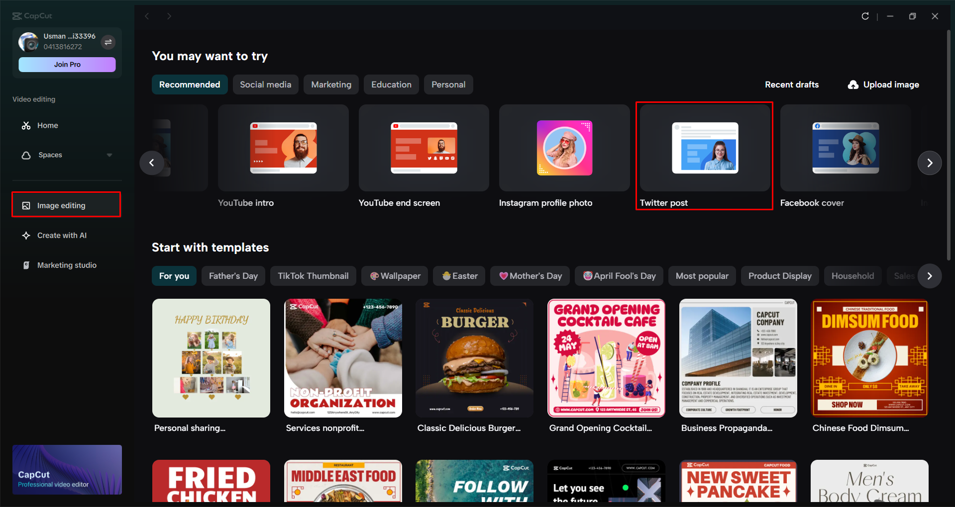 Opening the Twitter post tool in the CapCut desktop video editor