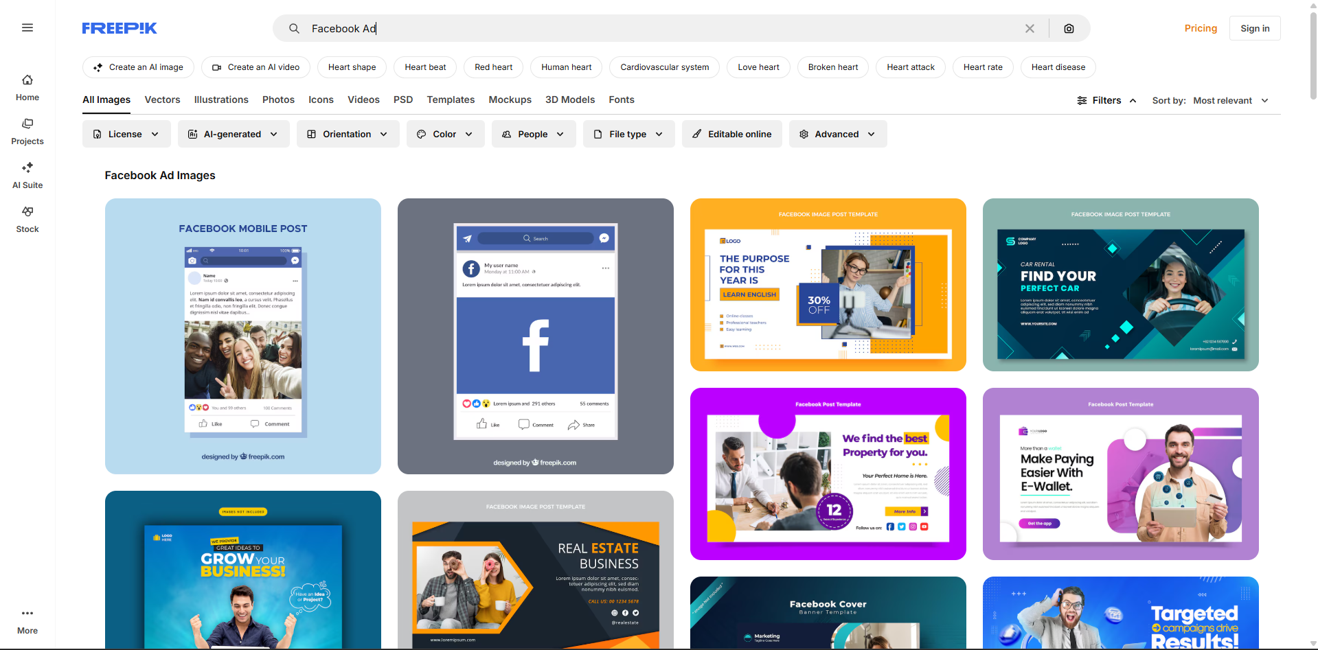 Interface of Freepik - another place to find diverse Facebook ad templates