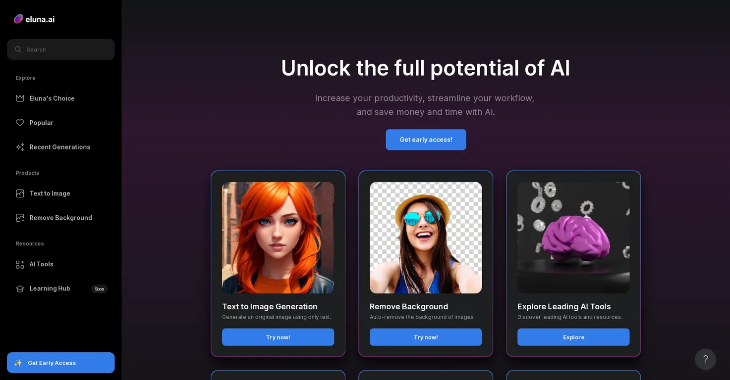 Interface of Eluna AI - the best tool for creative work