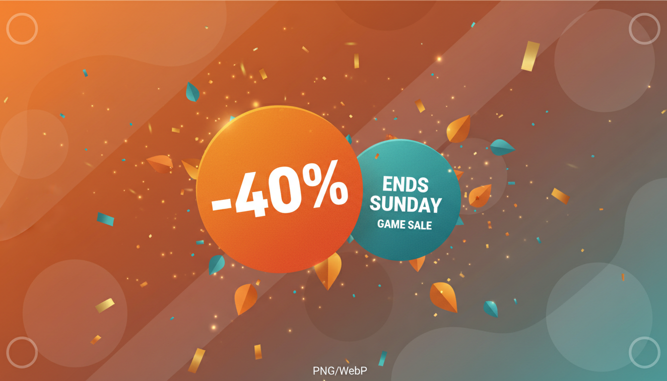 Seasonal game sale banner using vibrant palette with abstract shapes, clear discount tag area like -40%, and clean space for logo placement.