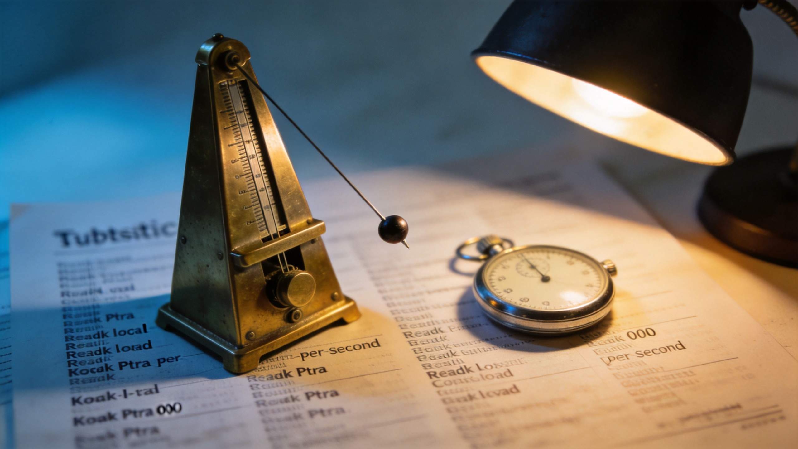 Metronome and pocket watch on a desk under a lamp, with subtitle text in the background