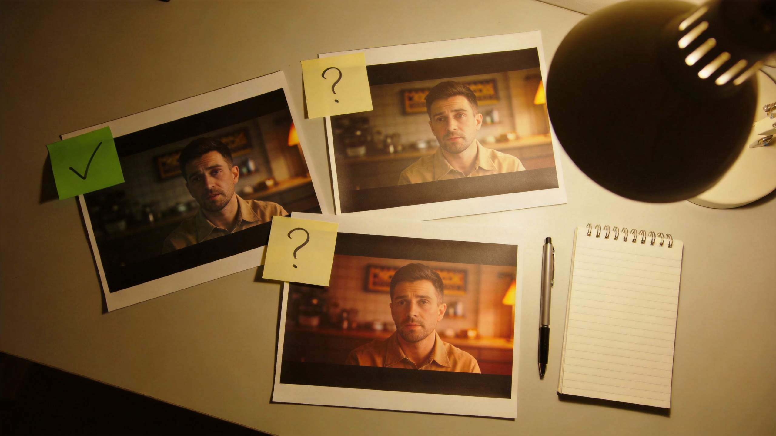 Three printed frames show the same man with different looks, beside question-mark notes and a checkmark