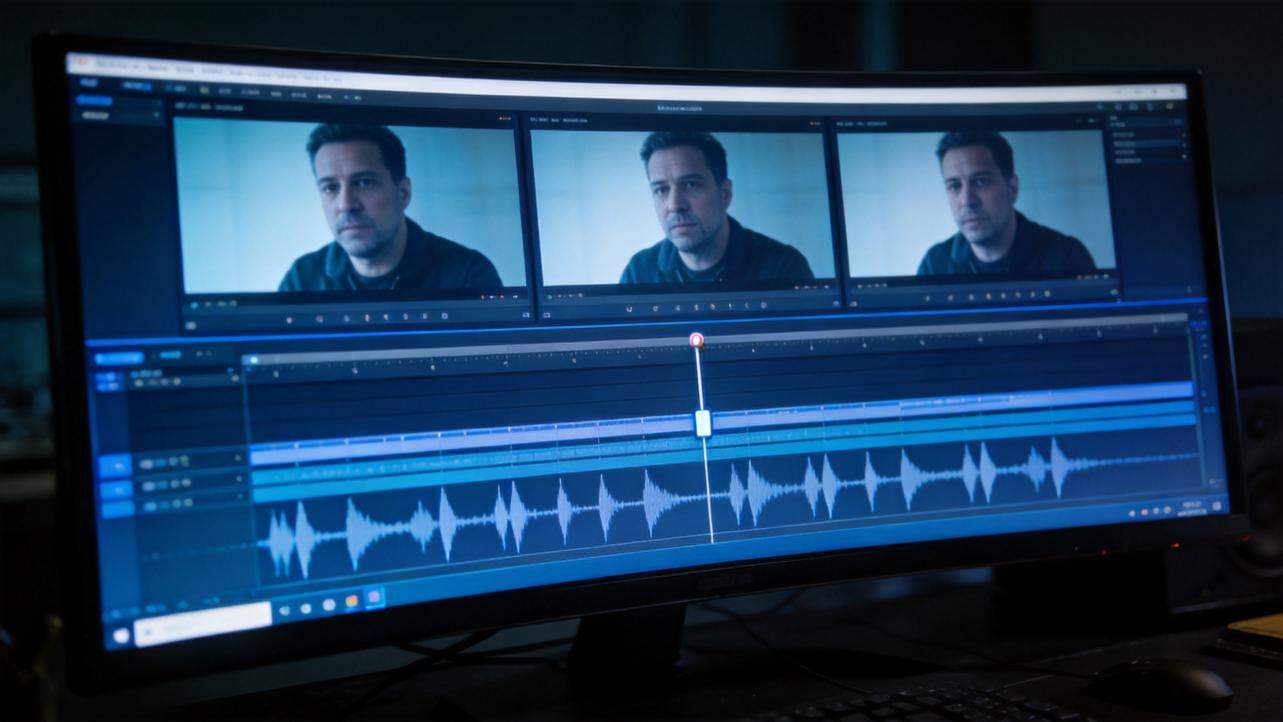 Video editing interface with three camera angles of the same man and an audio waveform timeline