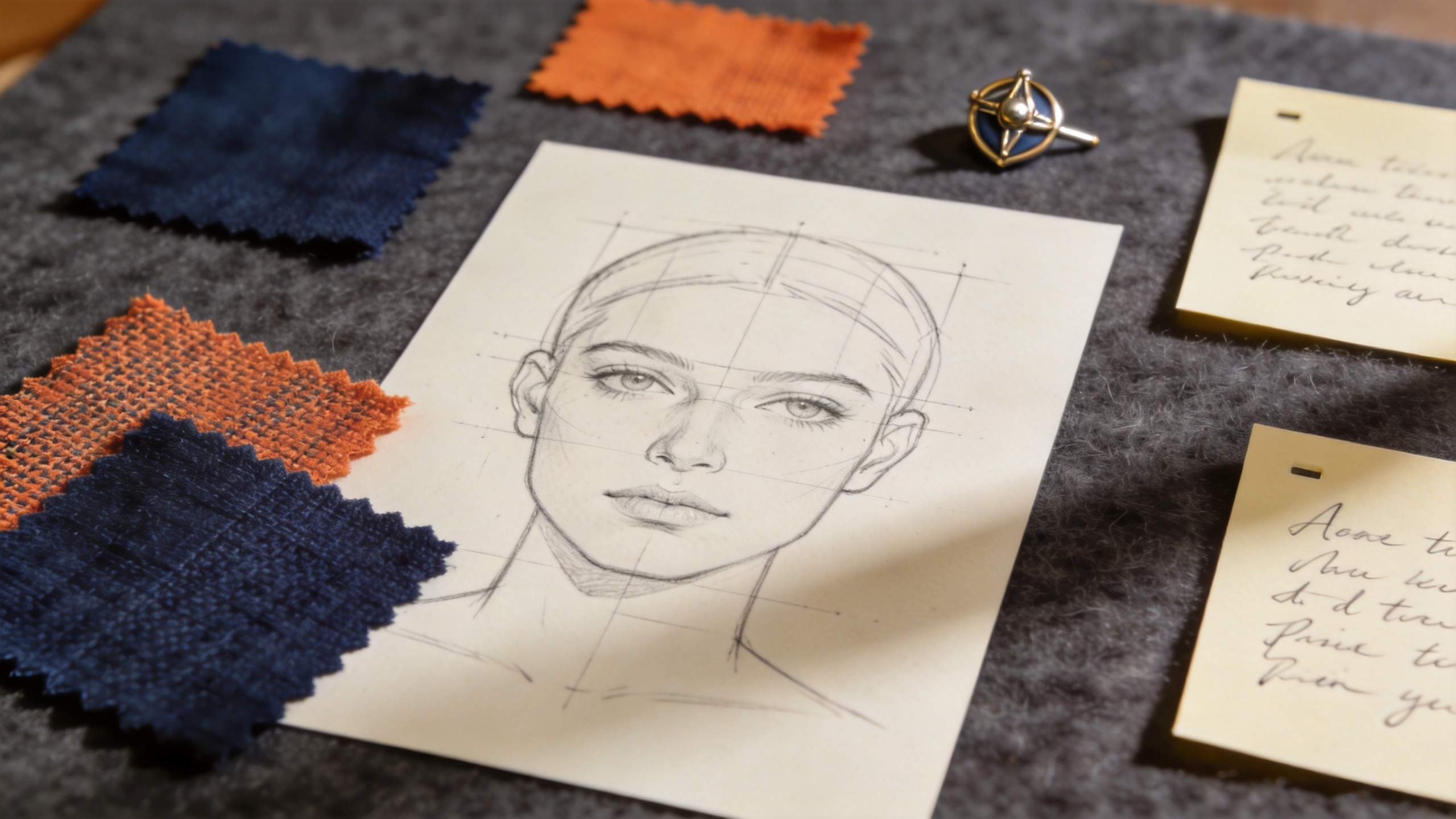 Sketch of a woman's face on paper surrounded by fabric swatches and handwritten notes