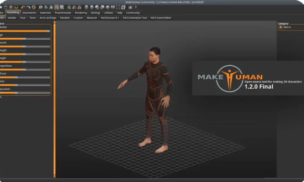 Interface of MakeHuman - an easy to use cartoon animation software