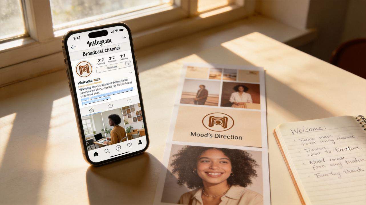 Phone displaying an Instagram broadcast channel welcome post beside mood board prints and a notebook