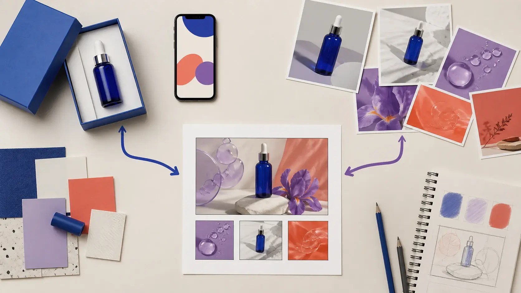 Flat lay of a blue dropper bottle, phone, printed photos, color swatches, and a sketched ad layout