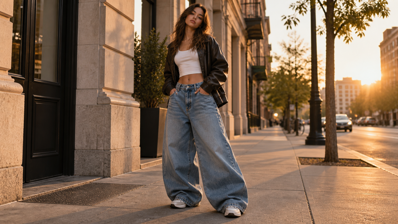 Look de moda confiante na calçada