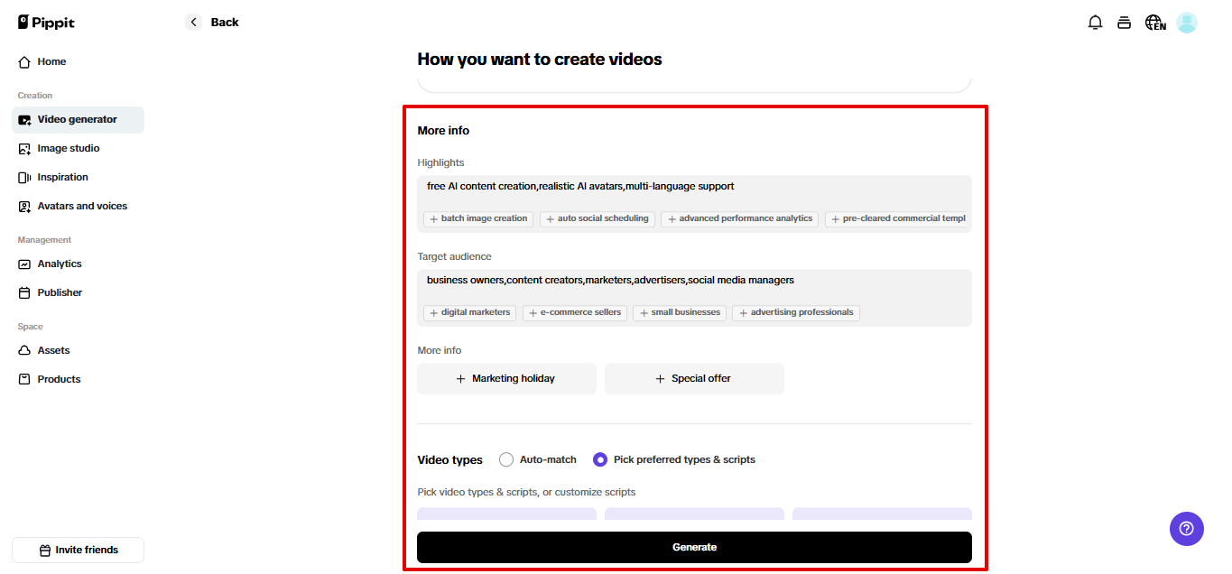 Customizing settings for video generation