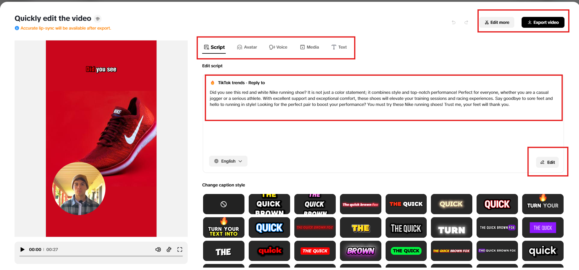 Interface de edição rápida