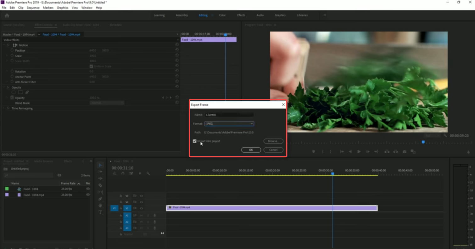 Save the freeze frame in Premiere Pro