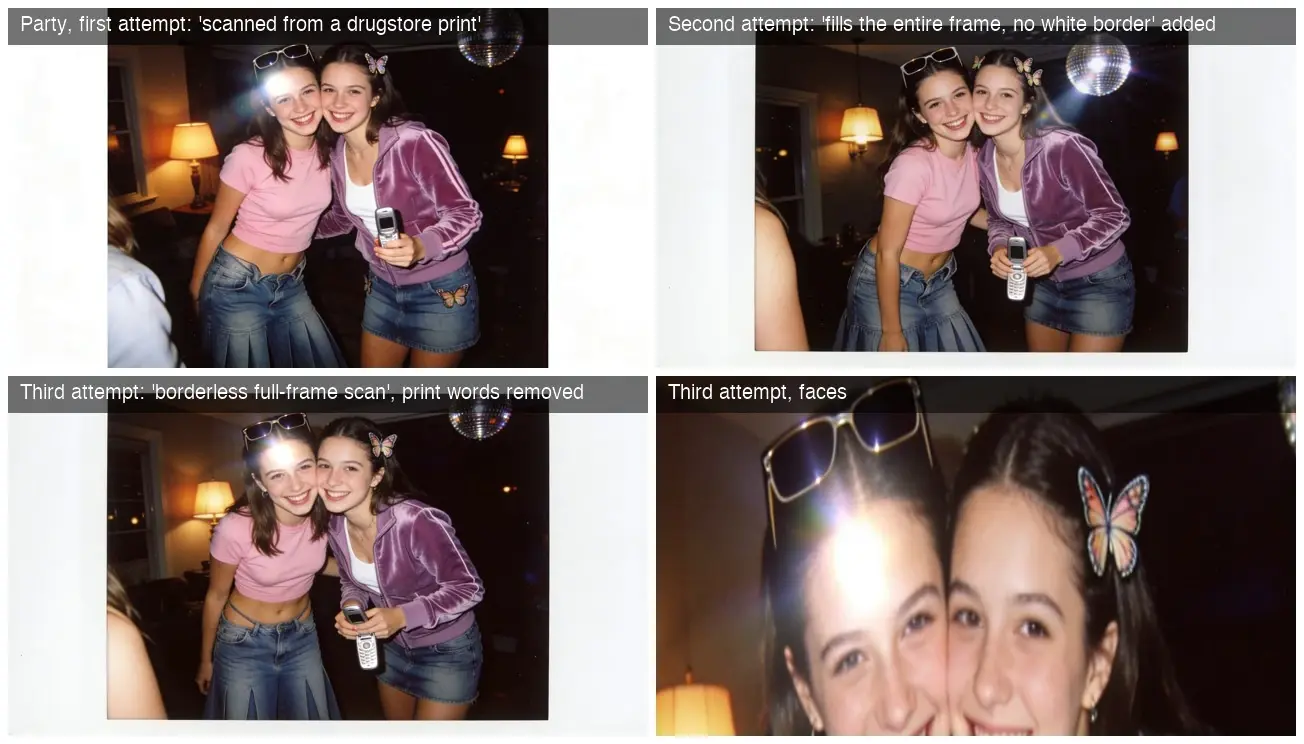Two smiling young women pose together at a party, one holding a flip phone.