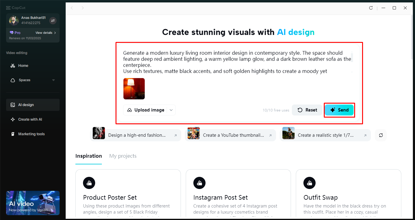 Generating interior design styles in the CapCut desktop video editor