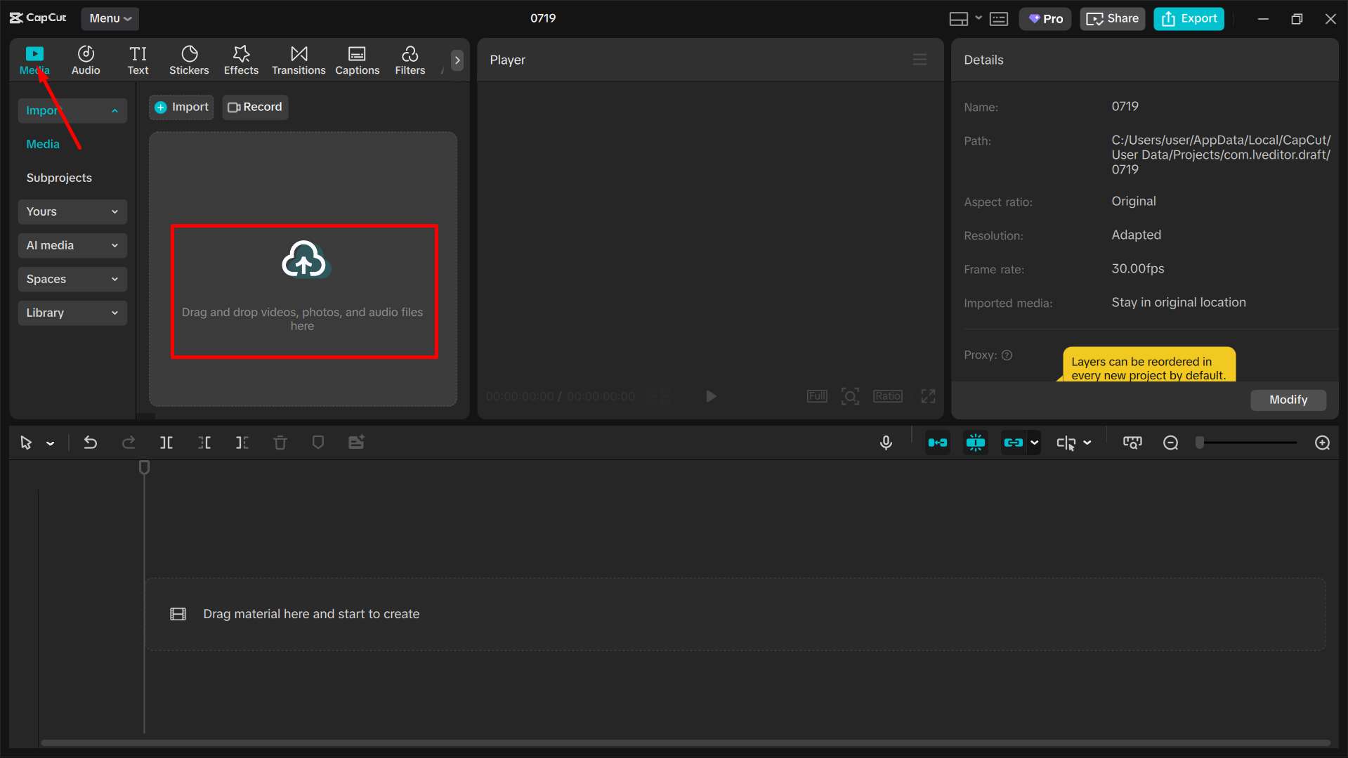 Importing the video in the CapCut desktop video editor