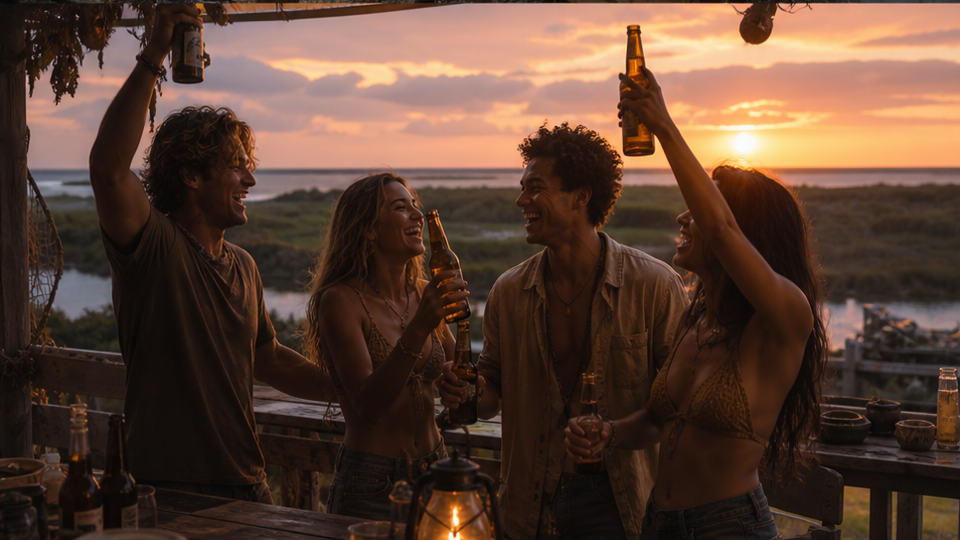 Outer Banks Temporada 5, ejemplo rápido 3 - Revelación del acantilado al atardecer Con Atmósfera misteriosa y sin logotipos
