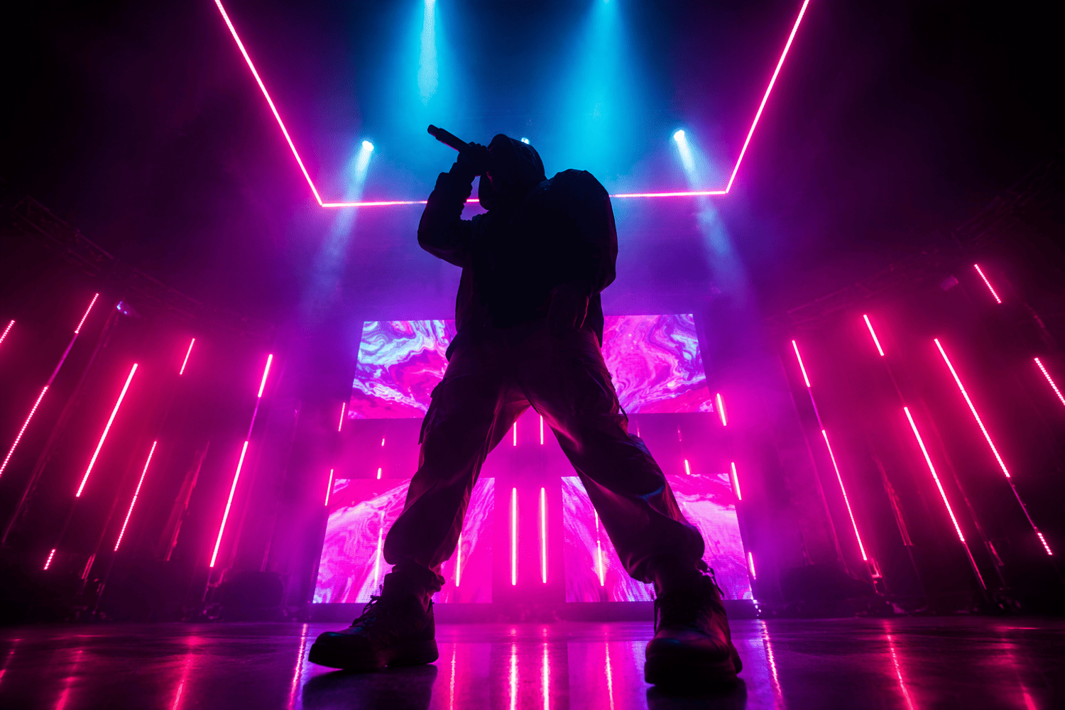 Music video scene, glowing neon stage