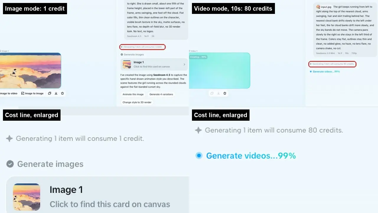 CapCut interface showing generate images and generate videos panels with credits cost lines highlighted